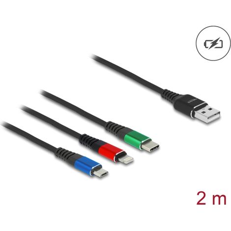 Delock Cable de carga USB 3 en 1 Tipo-A a Lightning⢠/ Micro USB / USB Type-C⢠2 m de 3 colores