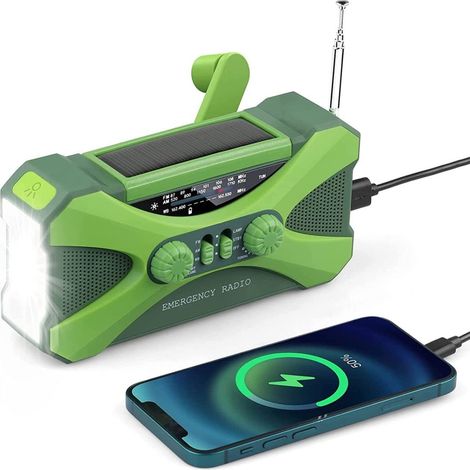 Radio solaire d'urgence à manivelle 2022, batterie 10000 mAh, radio portable FM/AM/NOAA étanche avec lampe torche, lampe de lecture et alarme SOS, idéale camping, voyages et activités plein air (1/5)