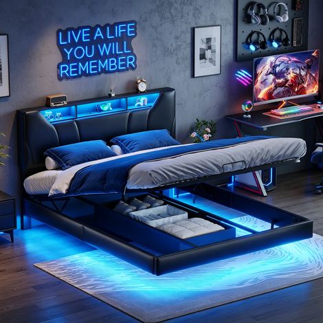 JOOKGBD-Polsterbett Doppelbett 160x200 cm,Jugendbett mit Stauraum-Kopfteil und Steckdosen,Hydraulisches Schwebendes Bett mit LED und USB,Bettgestell mit Lattenrost,PU,Ohne Matratze,Schwarz