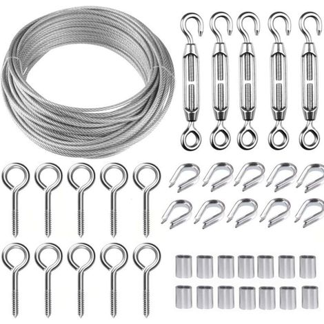 Corde en acier inoxydable 30M – Kit avec 5 tendeurs et 10 crochets – Câble de 2mm revêtu PVC – Résistant à l'abrasion et à la corrosion (1/5)