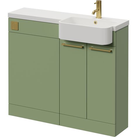 Napoli 250 Olive Green 1000mm 2 Door Vanity Unit Toilet Suite with Right Hand Round Rico Semi Recessed Basin - 1000mm - Brushed Brass 160mm HandleWithout Kingston Toilet Pan
