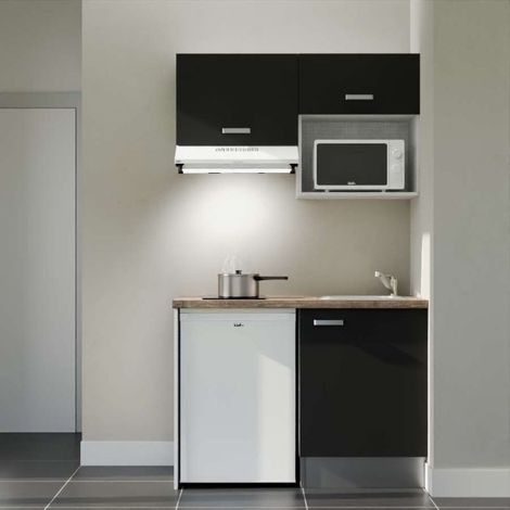Kitchenette K02 Noir - Plan de travail Bois - Crédence : Non - Electroménager : Blanc (1/4)