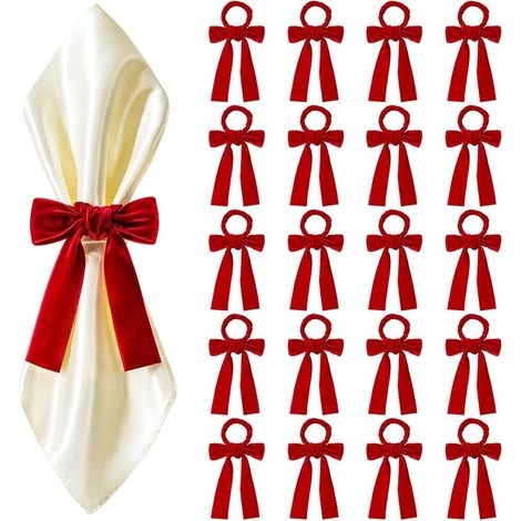 20pcs Ensemble de Ronds de Serviette Porte Serviettes à Nœud Papillon en Velours Rouge Décorations de Ronds de Serviette pour Fête d Anniversaire Mariage Mise de Table Occasions (1/5)