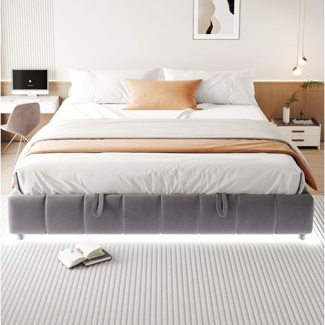 Lit rembourré moderne 180x200 cm gris, sans tête de lit, avec coffre relevable hydraulique et LED blanche (1/5)