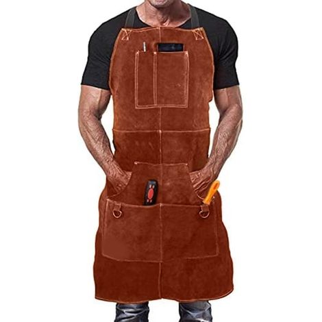Men's Leather Welding Apron with 6 Pockets - Heat and Flame Resistant - Maximum Protection from Chest to Knees (1/5)