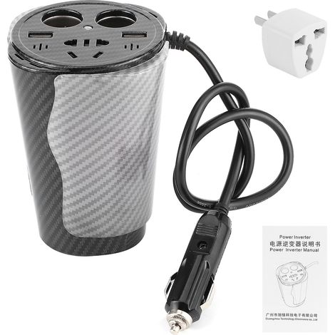 Convertisseur de puissance pour voiture 12 V vers 220 V avec LED, boîtier en fibre de carbone, chargeur allume-cigare à onde sinusoïdale modifiée, prise 220 V/10 A (1/5)