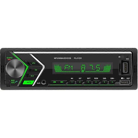 Autoradio 12V avec lecteur MP3, deux ports USB, Bluetooth, radio FM, télécommande et rétroéclairage couleur.