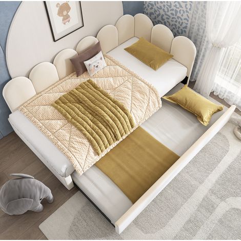 MEUBLIV Lit de jour gigogne 90 x 200 cm avec lit tiroir 90 x 190 cm en velours beige avec cadre en L et barreaux pour chambre d enfant chambre d amis et petits espaces (1/5)
