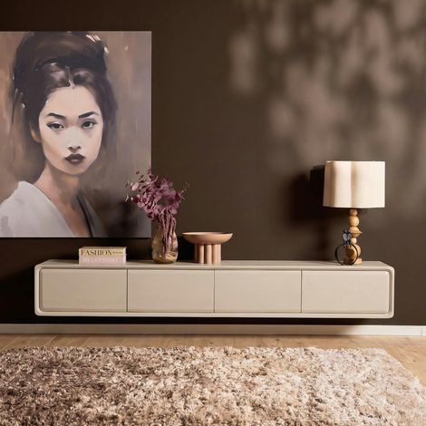 Meuble TV suspendu bois beige 4 tiroirs 200 cm AERA (1/5)