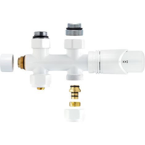 Anschlussgarnitur Mittelanschluss Heizkörper Thermostat Multiblock Durchgang Weiß Anschlussgarnitur Mittelanschluss Multiblock Durchgang 1/2" PEX 16x2mm Konus M30 (1/4)