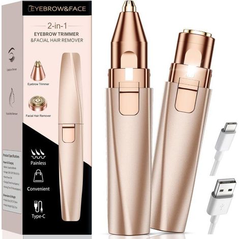 Rasoir Visage Femme Tondeuse Electrique: 2 En 1 Pour Sourcils Et Visage- Epilateur Visage Femme Rechargeable Lumière Led Et Doré (1/5)