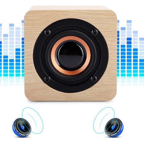 Mini enceinte Bluetooth sans fil jaune en bois, rechargeable par USB, cube portable (1/5)