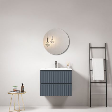Mobile bagno sospeso cannettato 60 cm Blu Mare Lavabo in Ceramica Specchio Tondo - Fiji Paint
