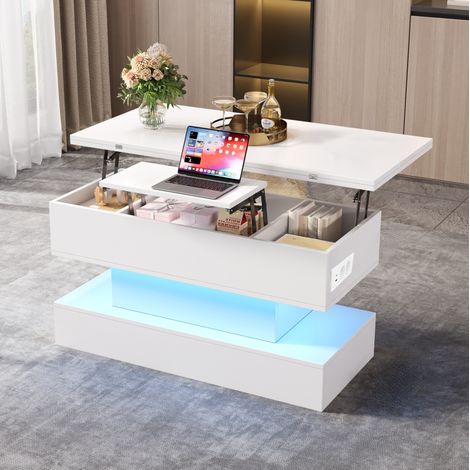 Table basse relevable 100x50x51,5 cm blanche en panneau de particules avec LED, rangement et prises USB-C (1/5)
