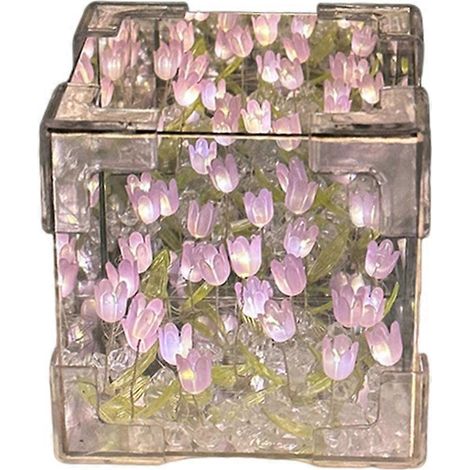 Lampe cube miroir tulipe à faire soi-même, lampe de chevet miniature tulipe faite main, cadeau violet (1/5)