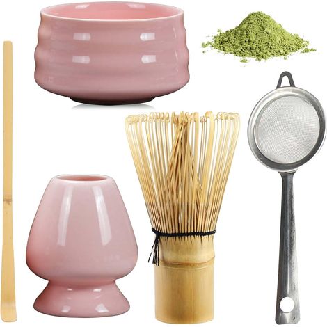 Ensemble à thé matcha 5 pièces - Set à thé japonais - Fouet en céramique - Bol à matcha - Porte-fouet - Accessoires japonais pour cérémonie de matcha (rose) (1/5)