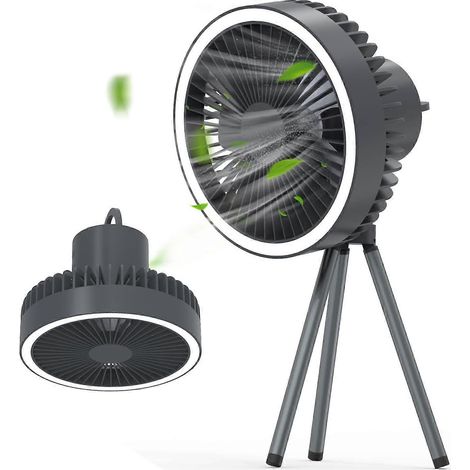 Dreibein-Tischventilator, wiederaufladbarer 10000-mAh-Akku, LED-Licht, integrierter Aufhängering, 3 Geschwindigkeitsstufen, tragbarer Ventilator für Outdoor-Aktivitäten (1/5)