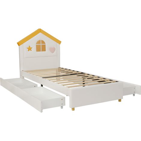 Cama infantil de 90x200 cm con forma de casa y 4 cajones, tapizada en beige (1/5)