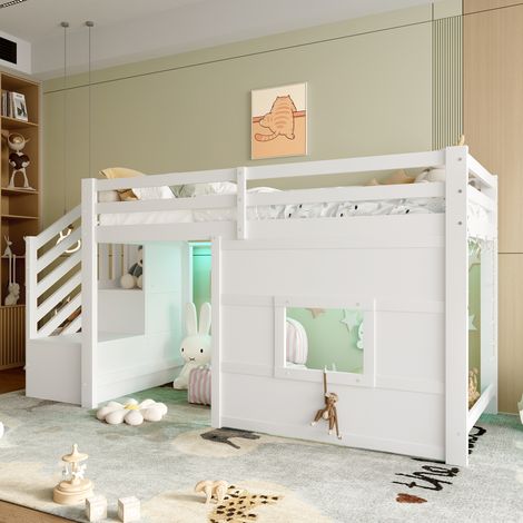 Lit mezzanine 90x200 avec escalier de rangement et fenêtre, blanc (1/5)