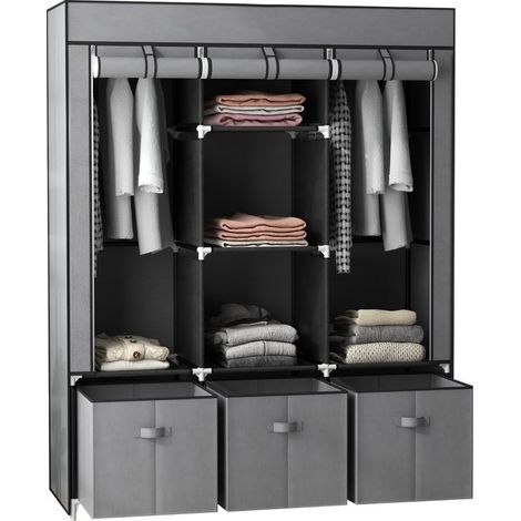Armadio in Tessuto Pieghevole con Cassetti e Ante Avvolgibili con Zip, 125x43x162.5cm, Grigio Scuro