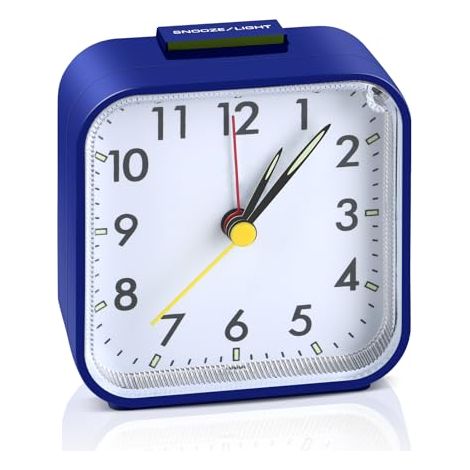 Sveglia analogica da viaggio silenziosa senza ticchettio, sveglia analogica silenziosa portatile, piccola sveglia con luce e funzione snooze, sveglia mattutina per ufficio di famiglia (blu) (1/5)