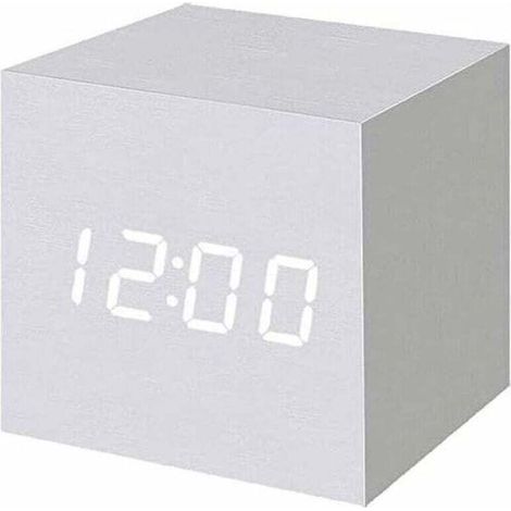 Sveglia digitale a LED in legno, orologio digitale cubico con visualizzazione di data e temperatura, alimentazione tramite USB/batteria (bianca) (1/4)