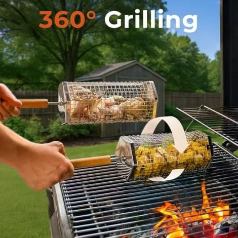 Lot de 2 paniers à griller en acier inoxydable, cage de cuisson rotative à 360° pour légumes, viande et fruits de mer (1/5)