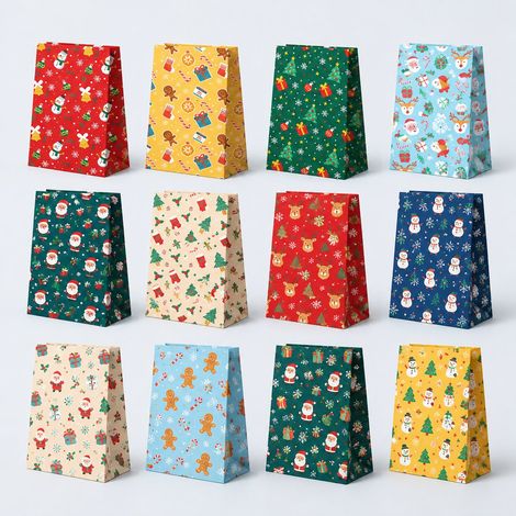 Enowelir Sacs Cadeaux en Papier de Noël 10 Pièces avec Autocollants Ronds Joyeux Noël Bonne Année Emballage Festif (1/4)
