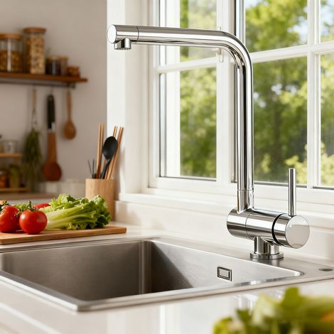 Ocean Sanitaire – Robinet de cuisine mitigeur rabattable 360° – Acier inoxydable 304 – Hauteur 29,5 cm – Commande à levier unique – Installation DIY rapide