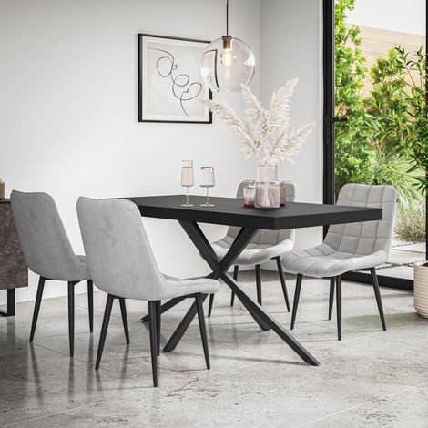 Donni Dining Table And Chairs -  Black Table Top w Black Legs + Nova Velvet Dining Chair Set Of 4 (Grey) (1/5)