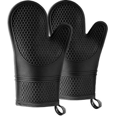 Gants de cuisine en silicone - Gants de cuisine noirs de jais, doublure douce et résistante à la chaleur - Gants de cuisine en silicone - Gants de cuisine (1/5)
