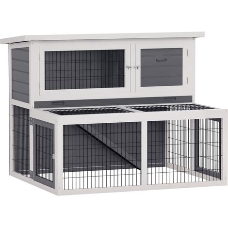 Hasenstall 2 Ebenen mit klappbar Dach Kaninchenstall aus Vollholz Winterfest Doppelstockhaus 122x95x93.5 cm Grau (1/4)