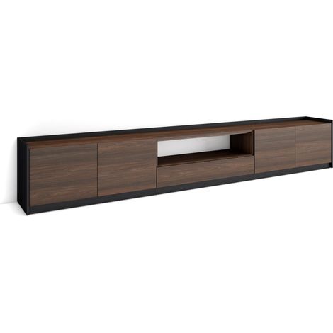 Skraut Home - Meuble TV, Banc Télé, 310x37x50cm, Pour les TV jusqu'à 80", Chêne foncé et Noir (1/5)