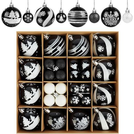 Set mit 44 schwarzen und weißen Weihnachtskugeln aus Kunststoff, 3 und 6 cm, für Weihnachtsbaum, Party, Zuhause, Hochzeit, Weihnachtsdekoration (1/5)