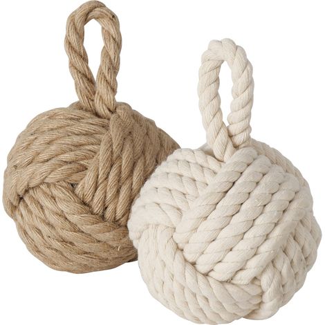 Türstopper Jute Knoten 2er Set in creme und beige - 14 cm - Türpuffer Kugel aus Strick im maritimen Design - Deko Seilknoten Türbremse Fensterstopper Klemmschutz Tür Fenster Stopper nautischer Look