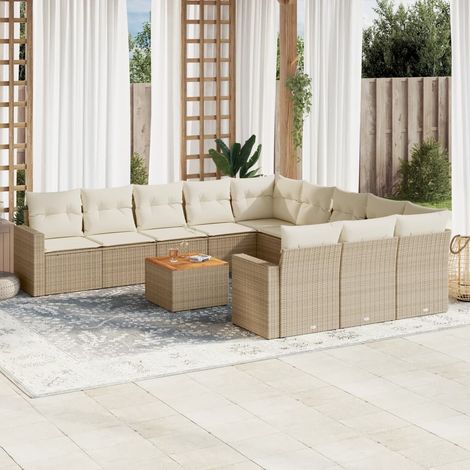 Ensemble modulaire de salon de jardin 12 places en résine tressée beige avec table en acacia et coussins lavables (1/5)