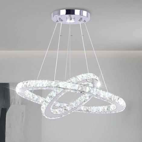 Lustre LED moderne en cristal – Suspension 2 anneaux réglables 30/50 cm en acier inoxydable, plafonnier design élégant pour salon, salle à manger, chambre, blanc froid (1/5)