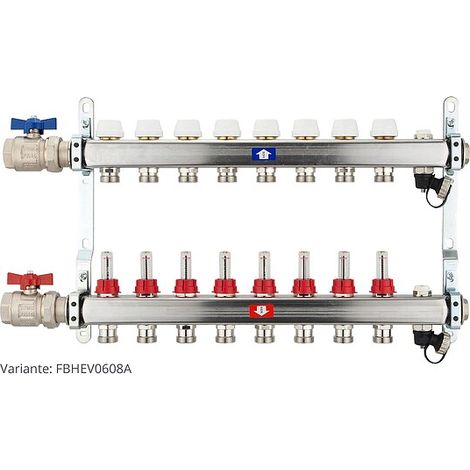 Fußbodenheizungsverteiler aus Edelstahl mit Topmeter für 8 Heizkreise - mit Anschlussset waagrecht (1/3)