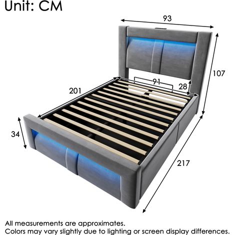 Lit 1 place 90x200 cm gris avec coffre de rangement, sommier relevable hydraulique, éclairage LED pilotable via appli, chargeurs USB et Type-C, velours, tête de lit incurvée, matelas inclus (1/4)