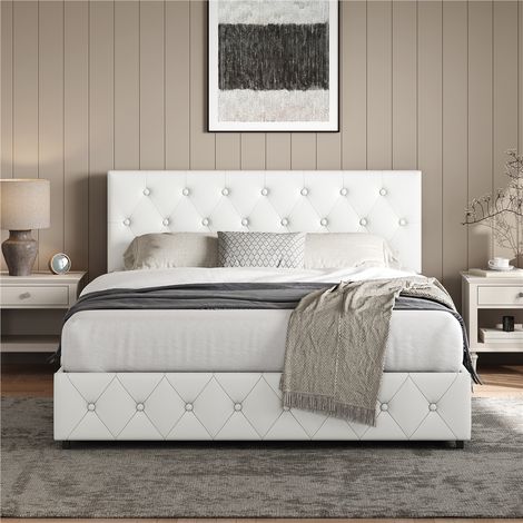 Homevive Estructura de Cama Tapizada con Cajones de Almacenamiento, Cabecero Regulable, Cama con Patas de Madera Maciza y Metal, 160 × 200 cm, Blanco (1/5)