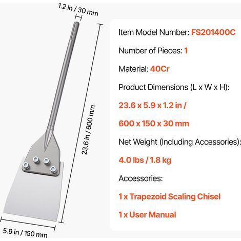 Grattoir de Sol SDS Max, Burin Plat 600x150 mm, Accessoire Compatible avec Marteau Perforateur, Burin à Spatule en Acier Allié 40Cr… (1/5)