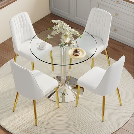 Set tavolo da pranzo rotondo in vetro temperato 85 cm con 4 sedie bianche PU oro (1/5)