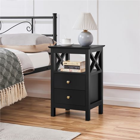 Yaheetech – Table de chevet noir en MDF avec 2 tiroirs et étagère ouverte – Dimensions 40x30x60 cm – Rangement chic pour chambre ou salon