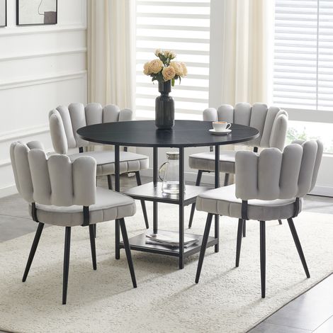 Set tavolo rotondo 107 cm con 4 sedie grigio chiaro, piano MDF nero e doppio vano (1/5)