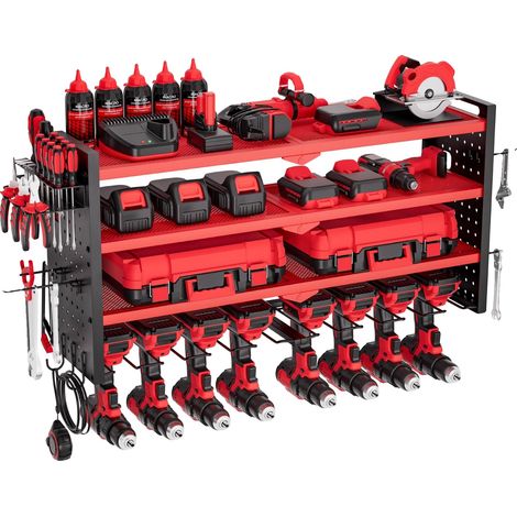 VEVOR Wand-Werkzeugorganizer, 4-stufiges Regal, 4 Bohrmaschinenhalter, rot, 8 Steckplätze, rot (1/2)