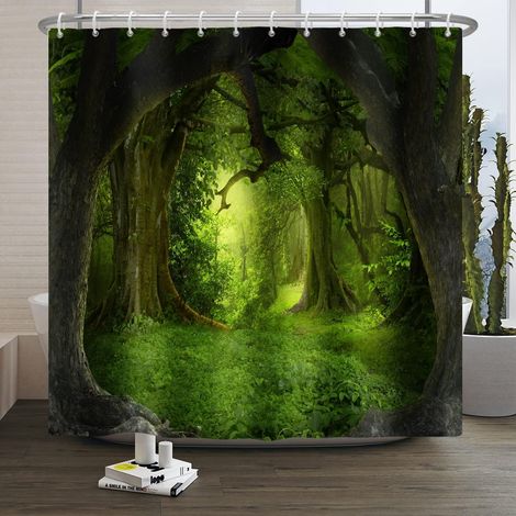 105x160cm Forêt Rideau de Douche Jungle Arbre Vert Plante Prairie Naturel Paysage pour Salle de Bains Polyester avec Crochets (1/5)
