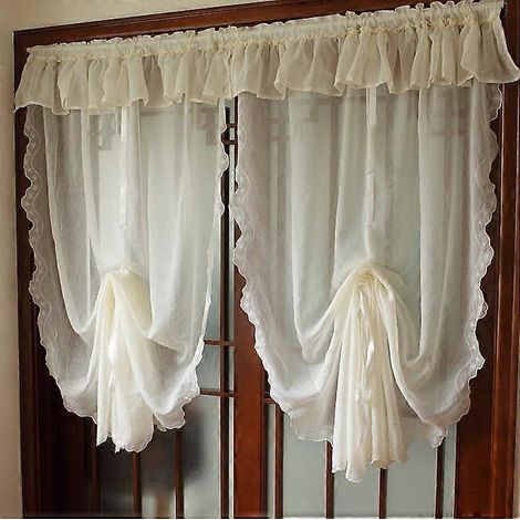 Rideau à nouer voilage à un panneau, rideau en dentelle ajustable, cantonnière à volants style ferme pour cuisine, café ou salon (1/5)
