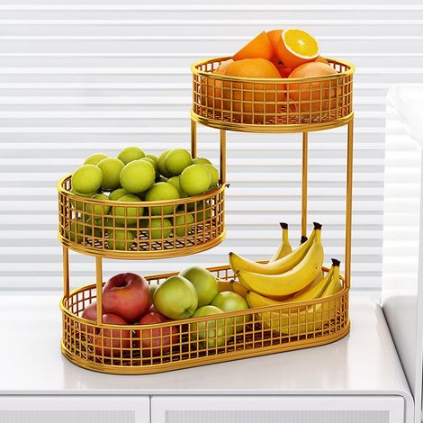 Questo supporto per frutta a tre livelli in metallo, progettato per il piano della cucina, presenta una struttura a rete traspirante e un ampio vano portaoggetti per frutta, verdura, snack e dolci. È (1/3)