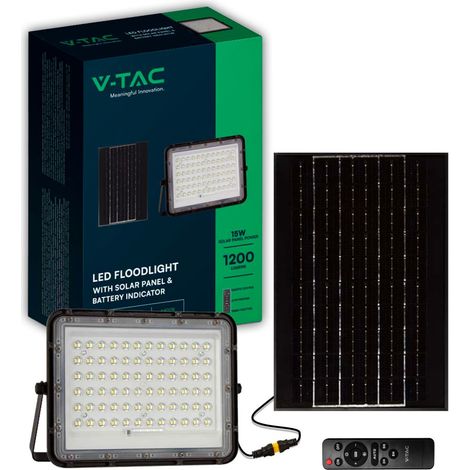 V-TAC VT-120W Faro led nero con pannello solare 15W e telecomando LED Proiettore con batteria sostituibile 6400K 3m Cavo - 7825 (1/5)