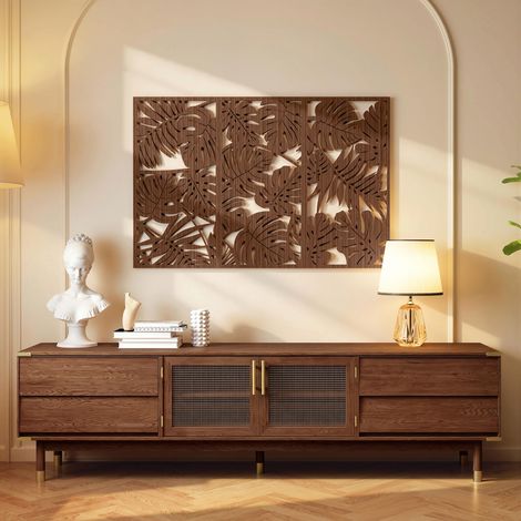 Decoración de Pared de Madera 3D 3 Piezas 40x80 cm Adornos de Pared con Patrón de Hojas Tropicales Nogal (1/5)